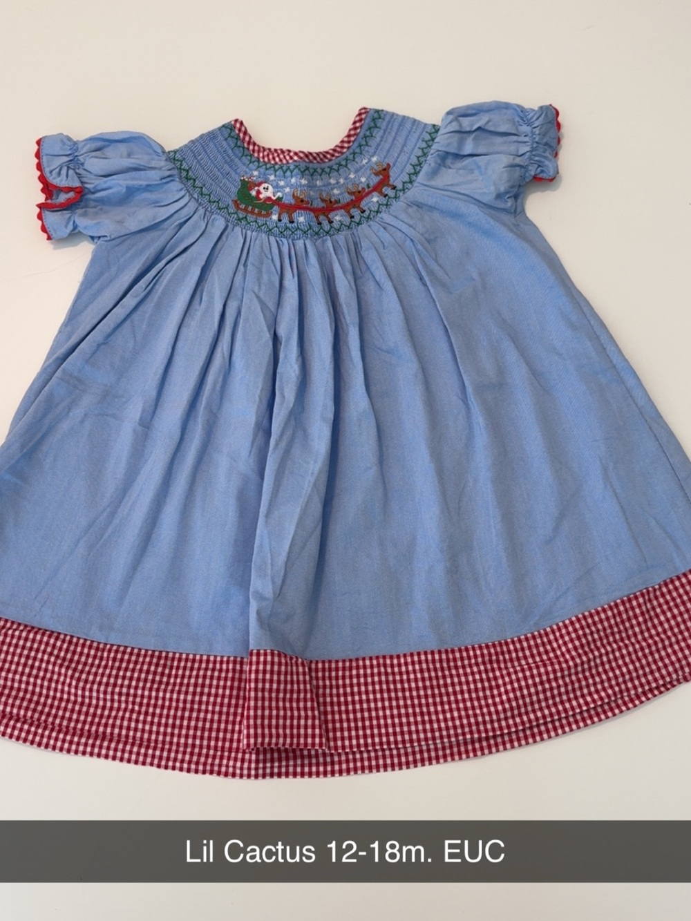 Cactus Blue Smocked Holiday Dress with Red Gingham Trim